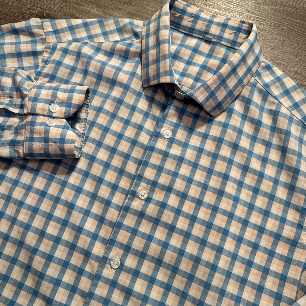 State & Liberty Shirt Mens L Blue Plaid Performance Quiet Luxury Comfort Stretch